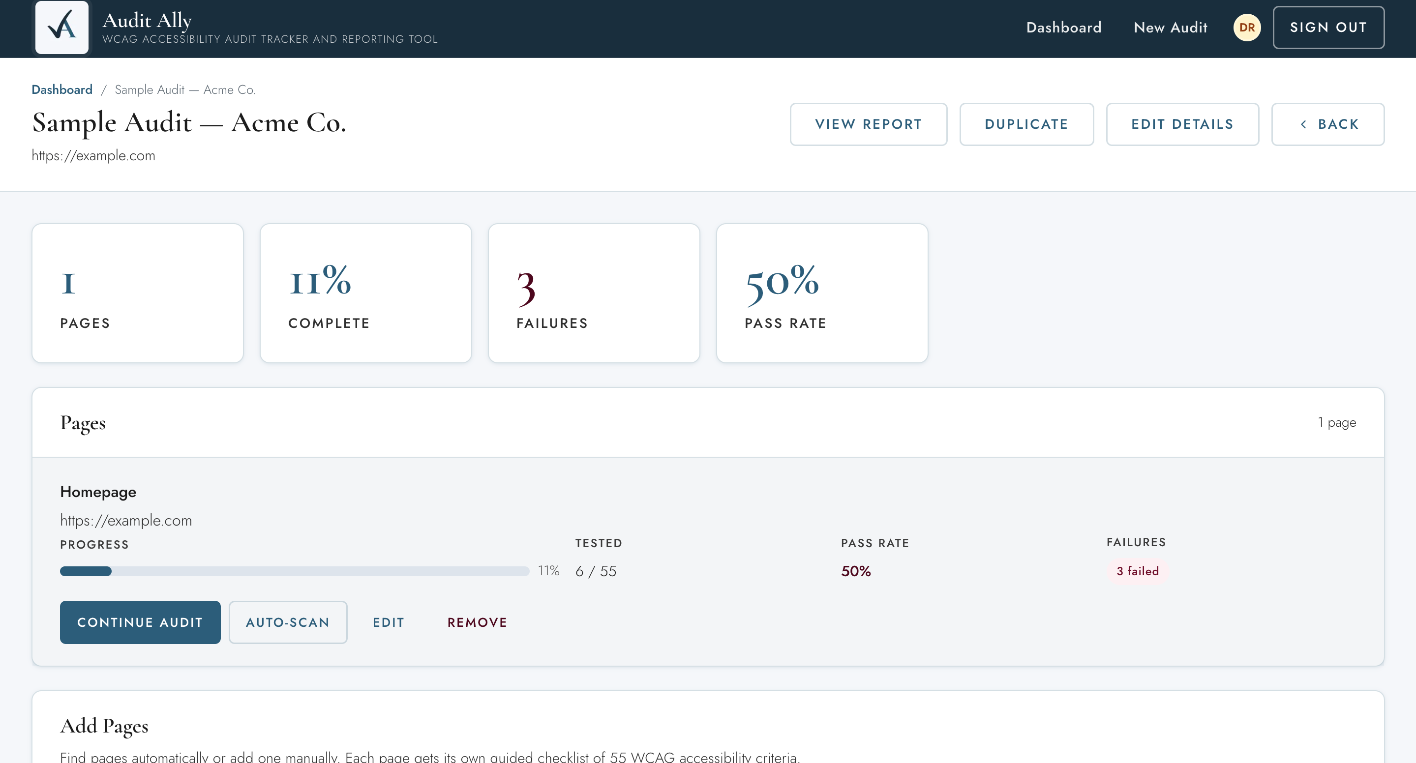 Audit Ally - WCAG Web Accessibility Audit Tracker and Reporting Tool screenshot showing a dashboard with audit results