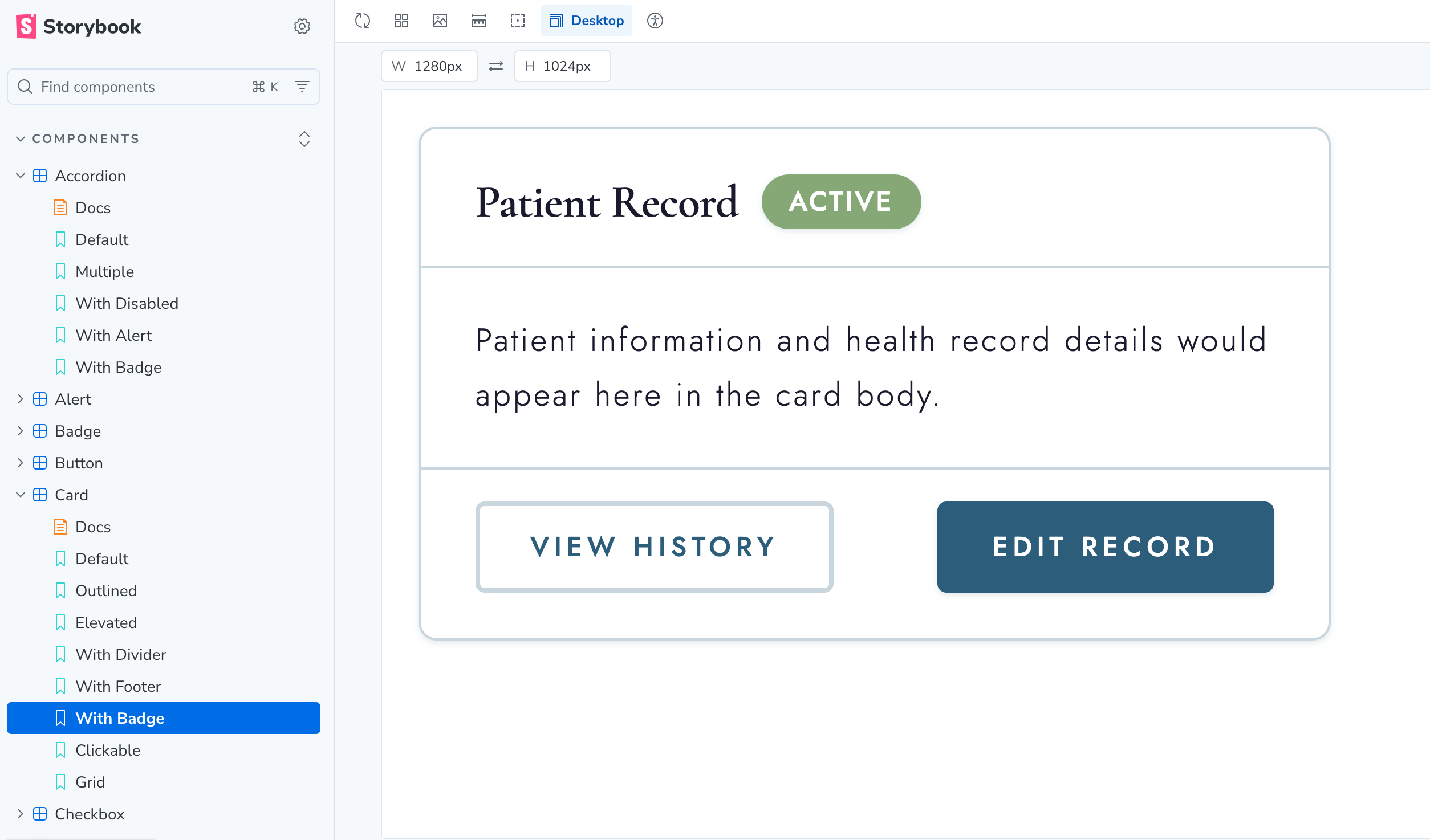 CMT UI - React Component Library screenshot showing a card component with badge, button, and text