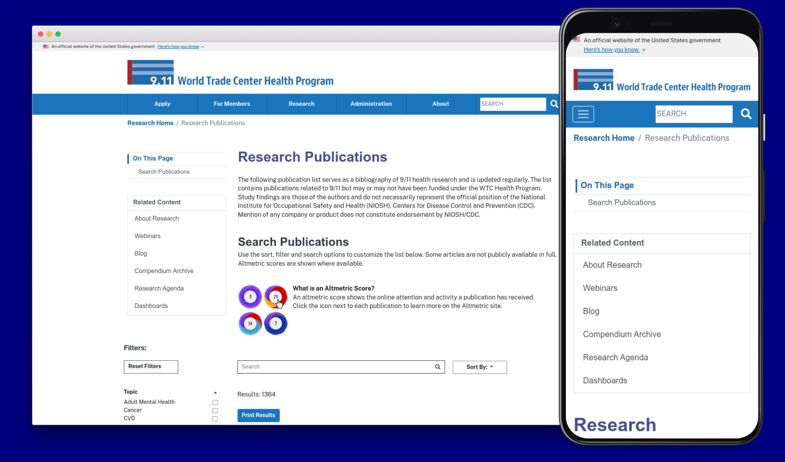 Research Publications website mocked up on different screen sizes