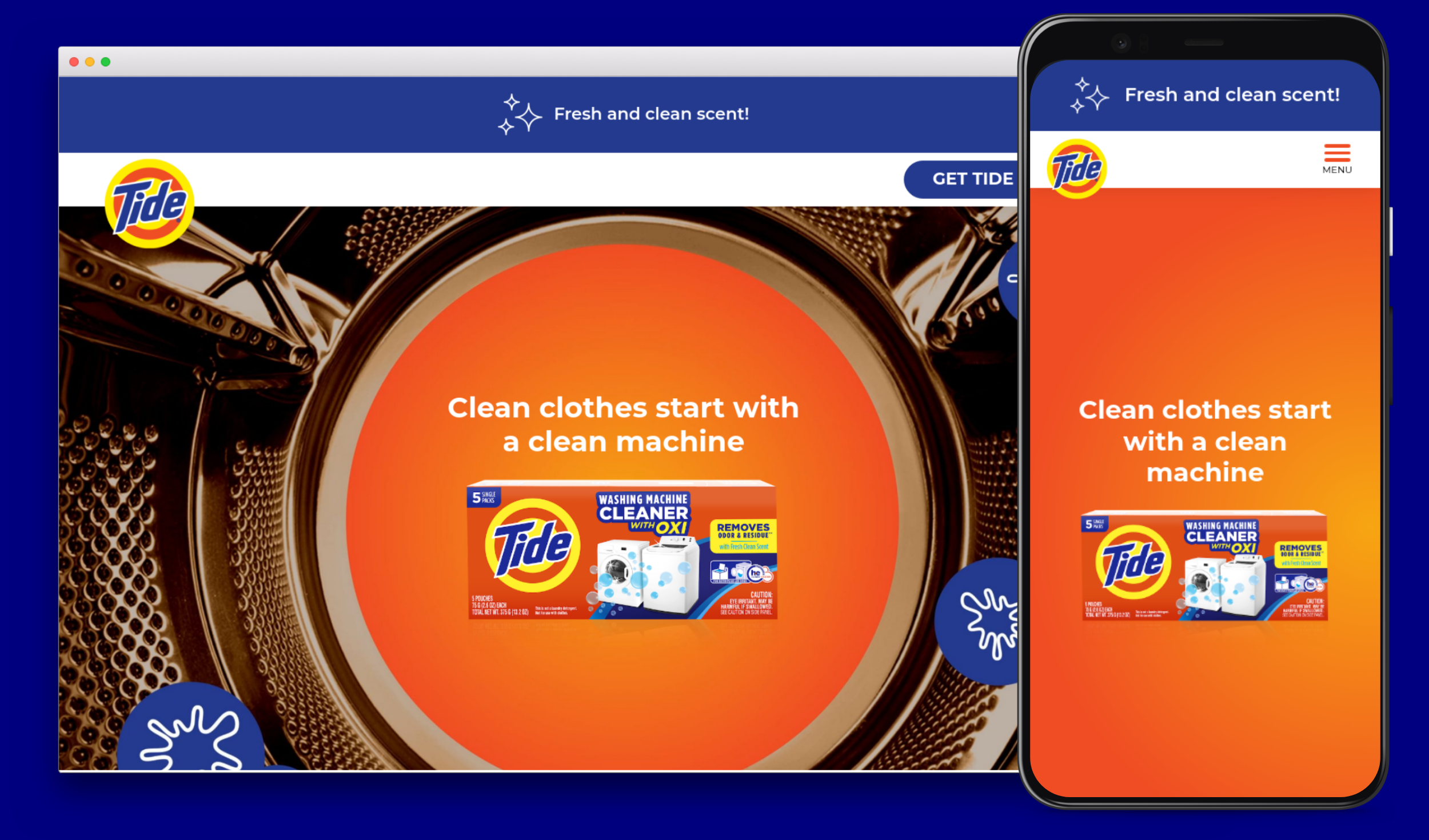 Tide Washing Machine Cleaner website mocked up on different screen sizes